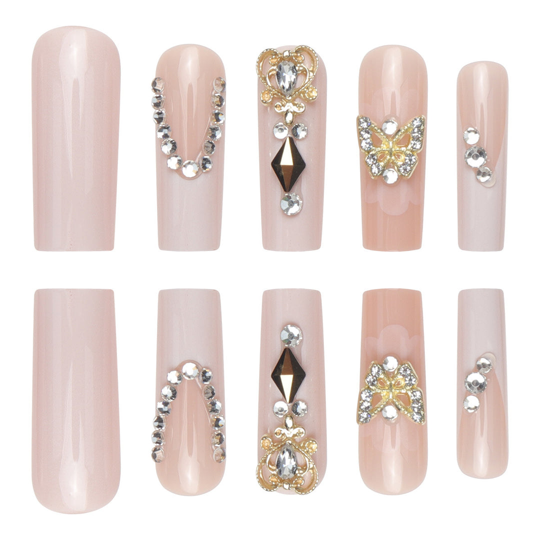 Decorative Long Press-On Nails with Gem and Floral Accents Kalsten