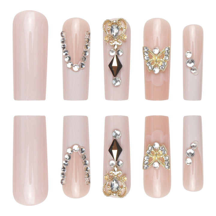 Decorative Long Press-On Nails with Gem and Floral Accents Kalsten