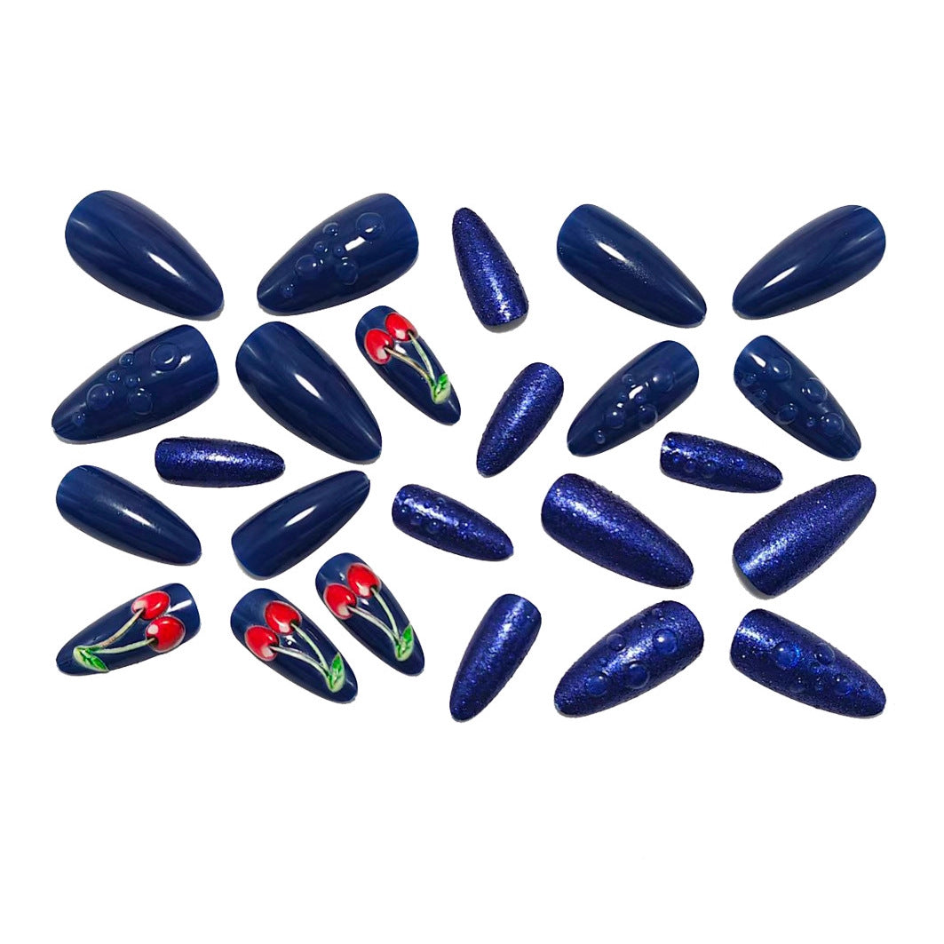 Artistic water droplet and cherry motifs artificial nails Kalsten