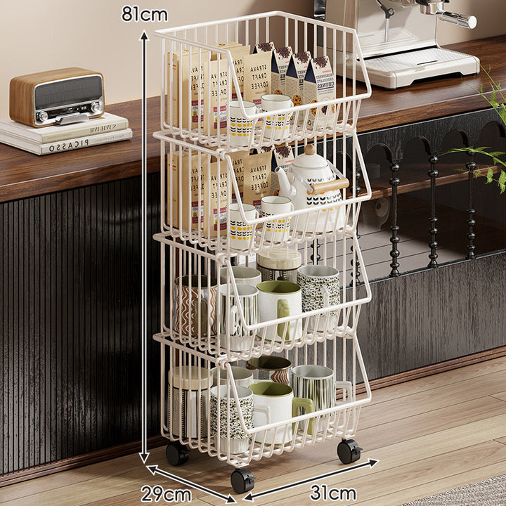 Four-Tier Tall Rolling Wire Pantry and Mug Storage Cart with Deep Slanted Baskets