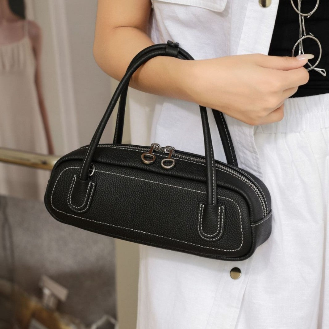 Mini Pebbled Top-Handle Dome Satchel with Dual Zip Closure