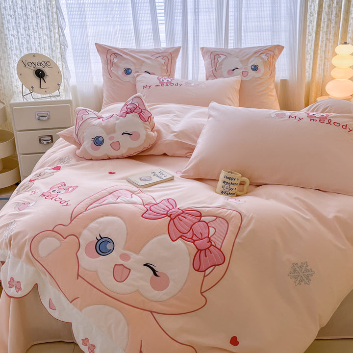 Playful children's bedding set with embroidered cat appliqué and cuddle pillow