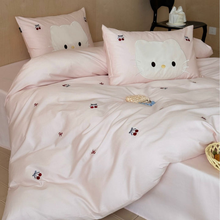 Cute embroidered bedding set with cat applique and cherry motif Kalsten