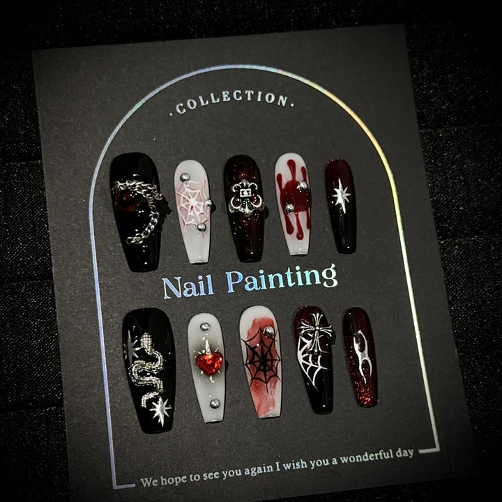 Gothic-Inspired Press-On Nail Art Set with 3D Embellishments