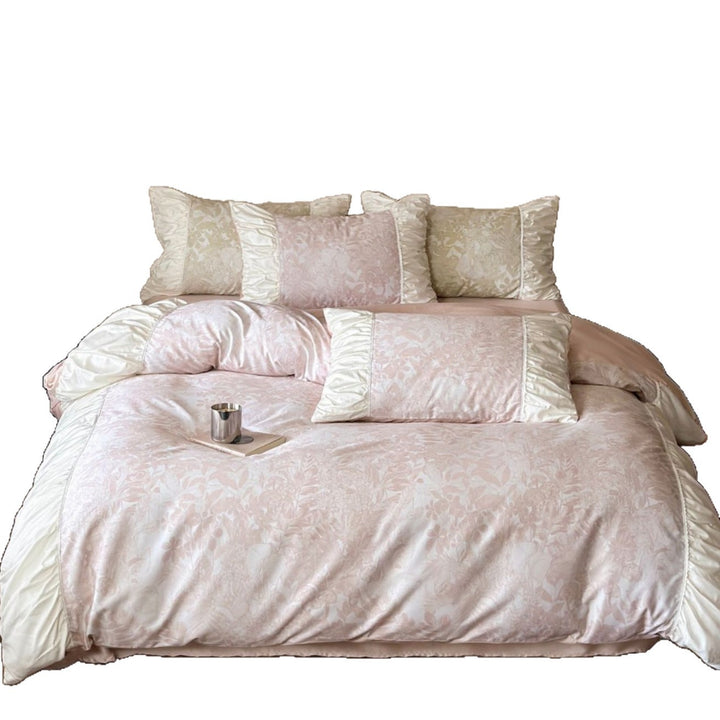 Luxurious jacquard bed set with ruffled border and silky touch