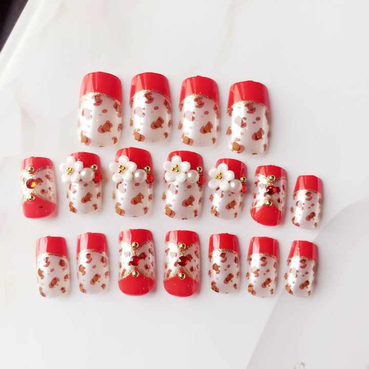 Artistic Press-On Nail Set with Floral and Animal Print Designs