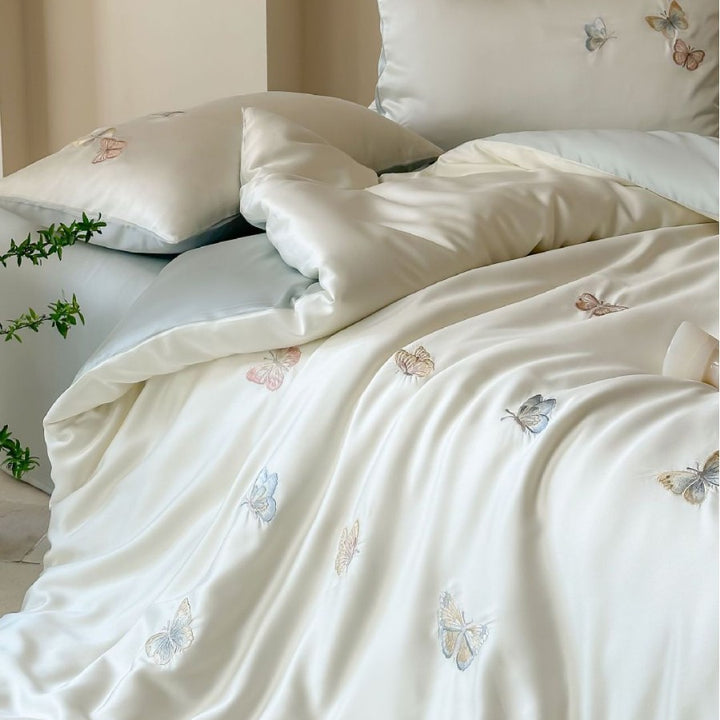 Luxury satin duvet cover set with embroidered butterfly appliqués