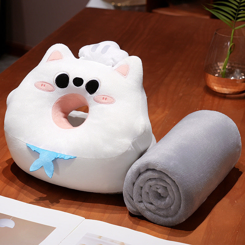 Ergonomic baby head pillow with center hole and cuddly blanket in cat plush design