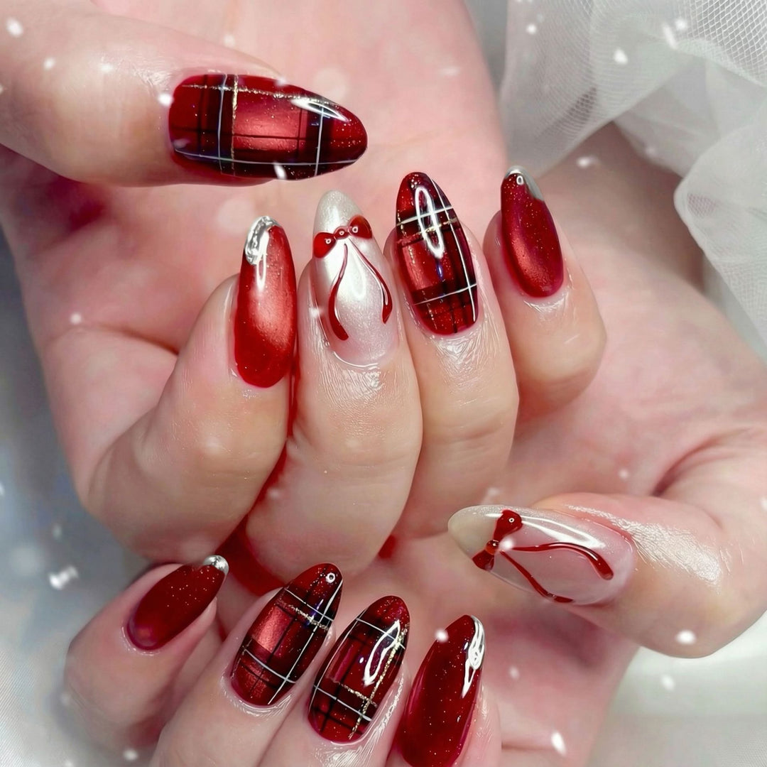 Festive Themed Press-On Nail Art Set with Bow and Plaid Designs Kalsten