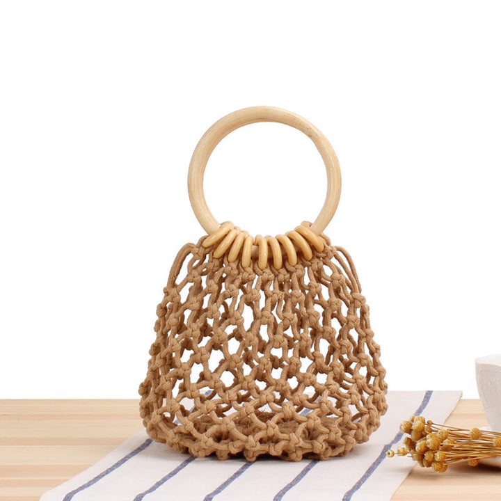 Tote bag with hand-knotted net design and wooden handle Kalsten