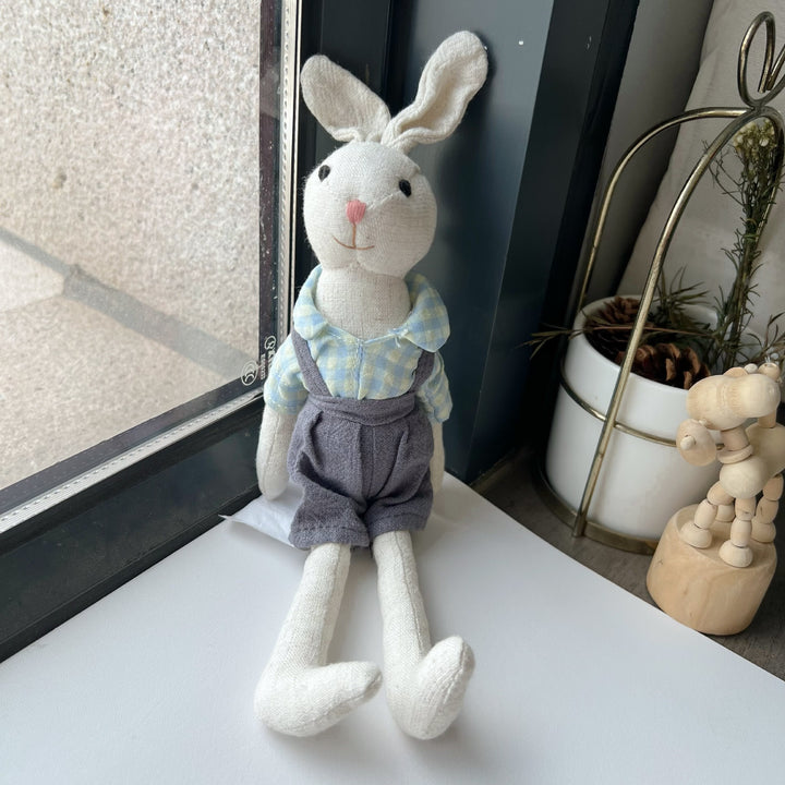 Soft Long‑Leg Linen Bunny Plush with Checkered Collar and Gathered Overalls