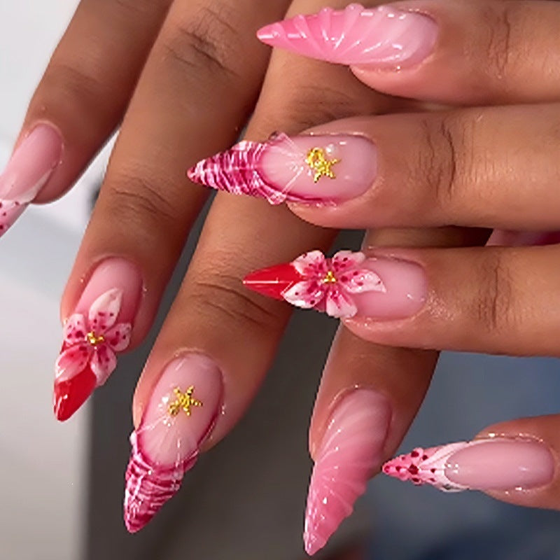 Artificial nail set with blooming 3D details and glitter accents Kalsten