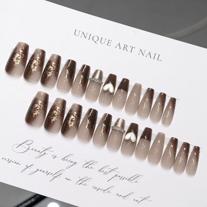 Elegant Press-On Nail Set with Heart and Rhinestone Accents