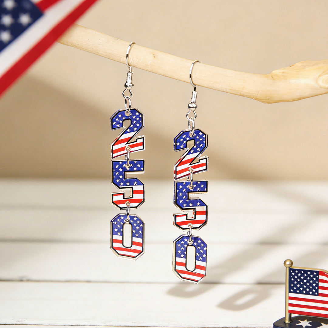 Women's acrylic statement earrings long pendant bow motif with patriotic print Kalsten