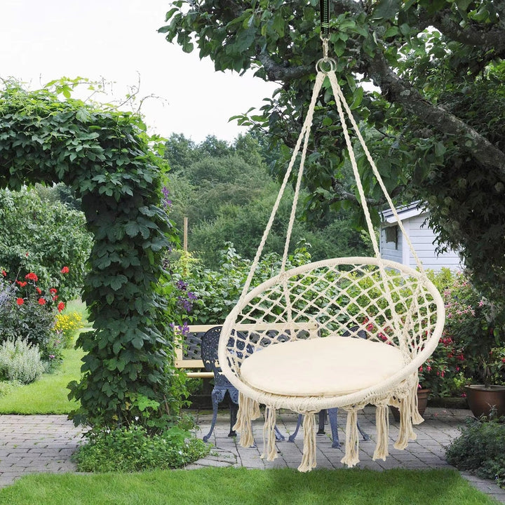 Macrame hanging swing chair boho woven fringe indoor outdoor hammock seat Kalsten