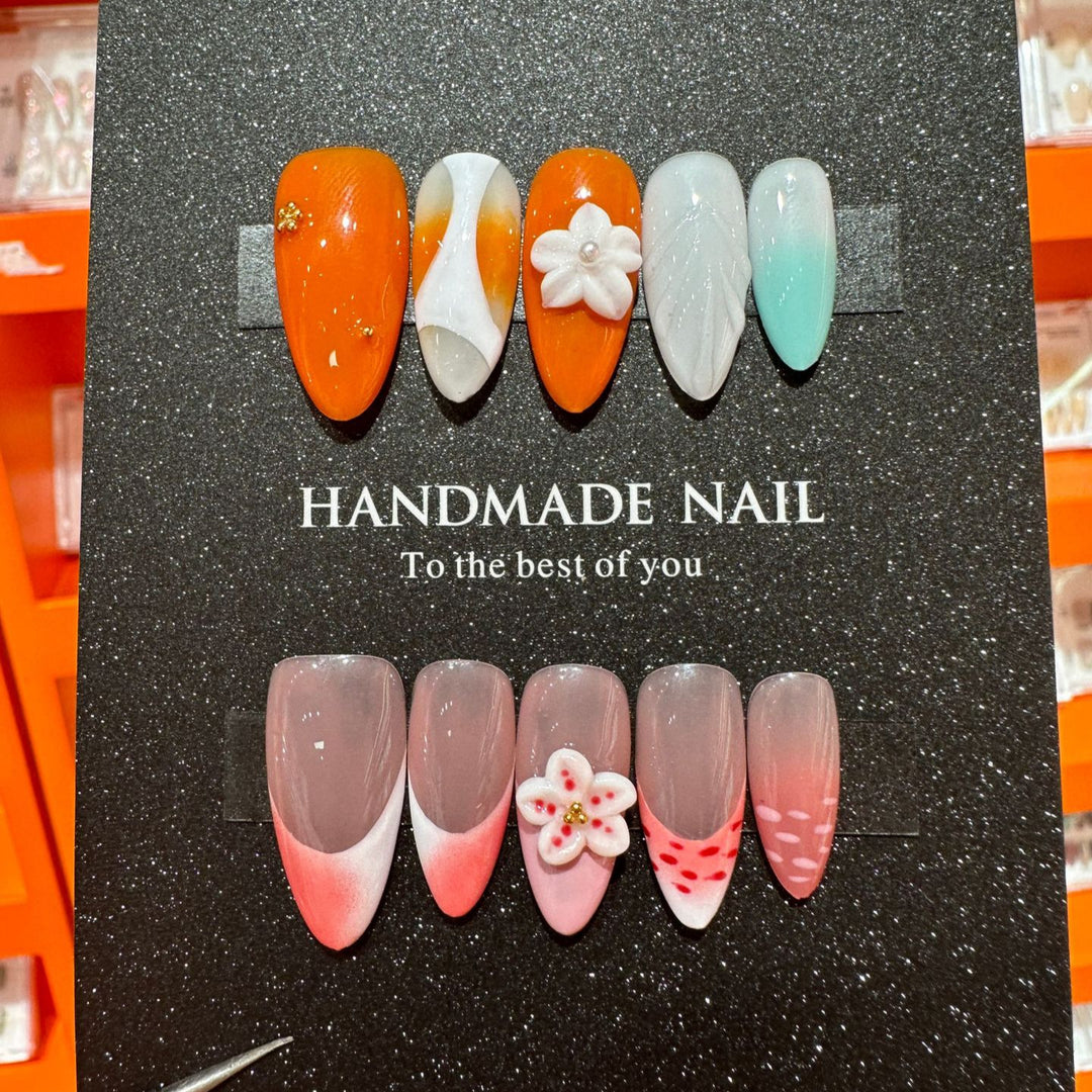 Artistic Press-On Nail Set with Floral and Gradient Accents