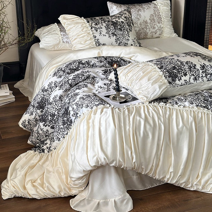 Premium cotton satin duvet cover set with ruffled frill and decorative bed skirt