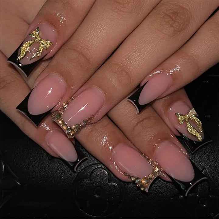 Artificial nail set with elegant gold decoration and stylish black Kalsten