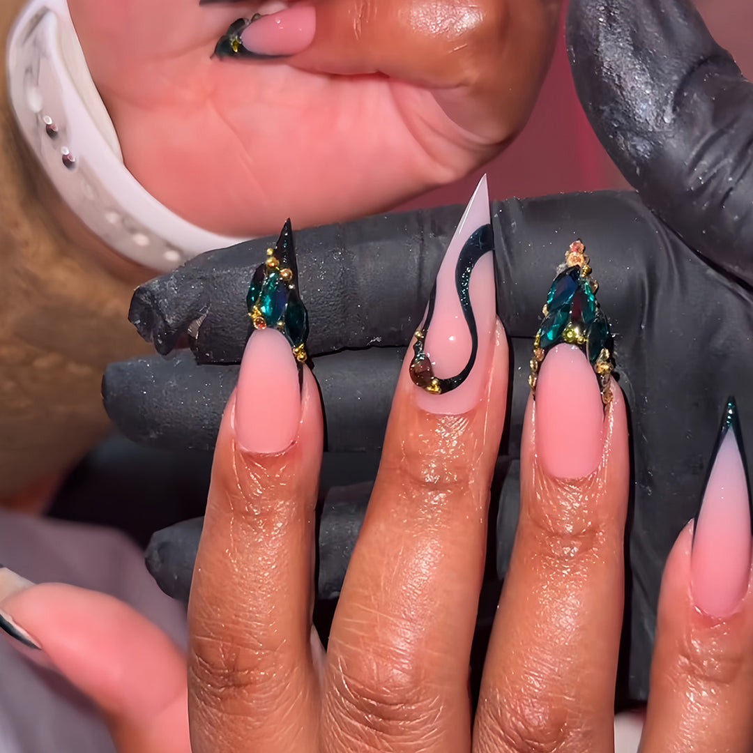 Artistic Stiletto Press-On Nail Art with Gemstone Accents Kalsten