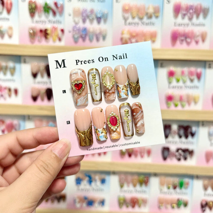 Artistic Press-On Nail Set with Decorative Elements