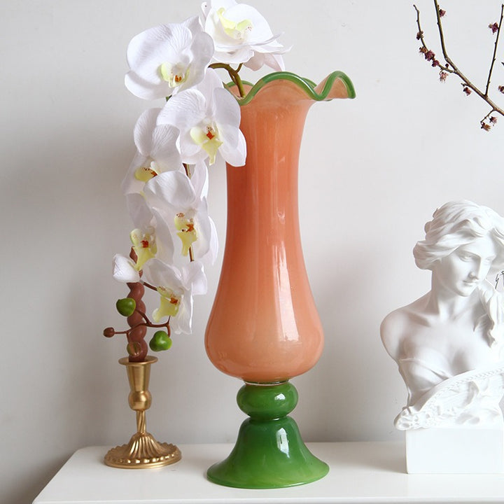 Handblown Fluted Pedestal Art Glass Trumpet Vase Kalsten
