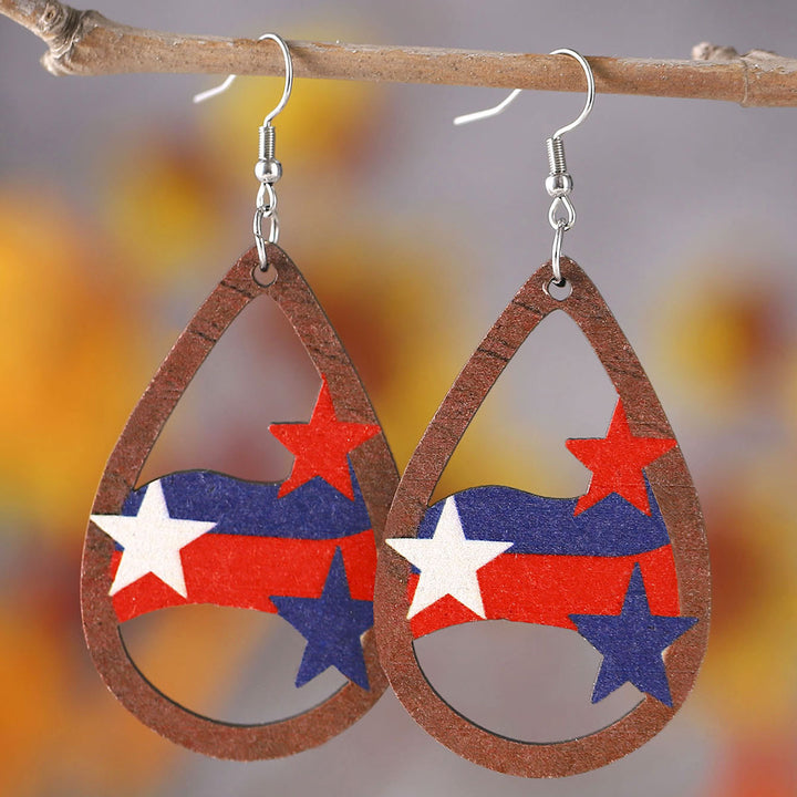 Women's nan patriotic teardrop wooden dangle earrings with star stripe cutout Kalsten