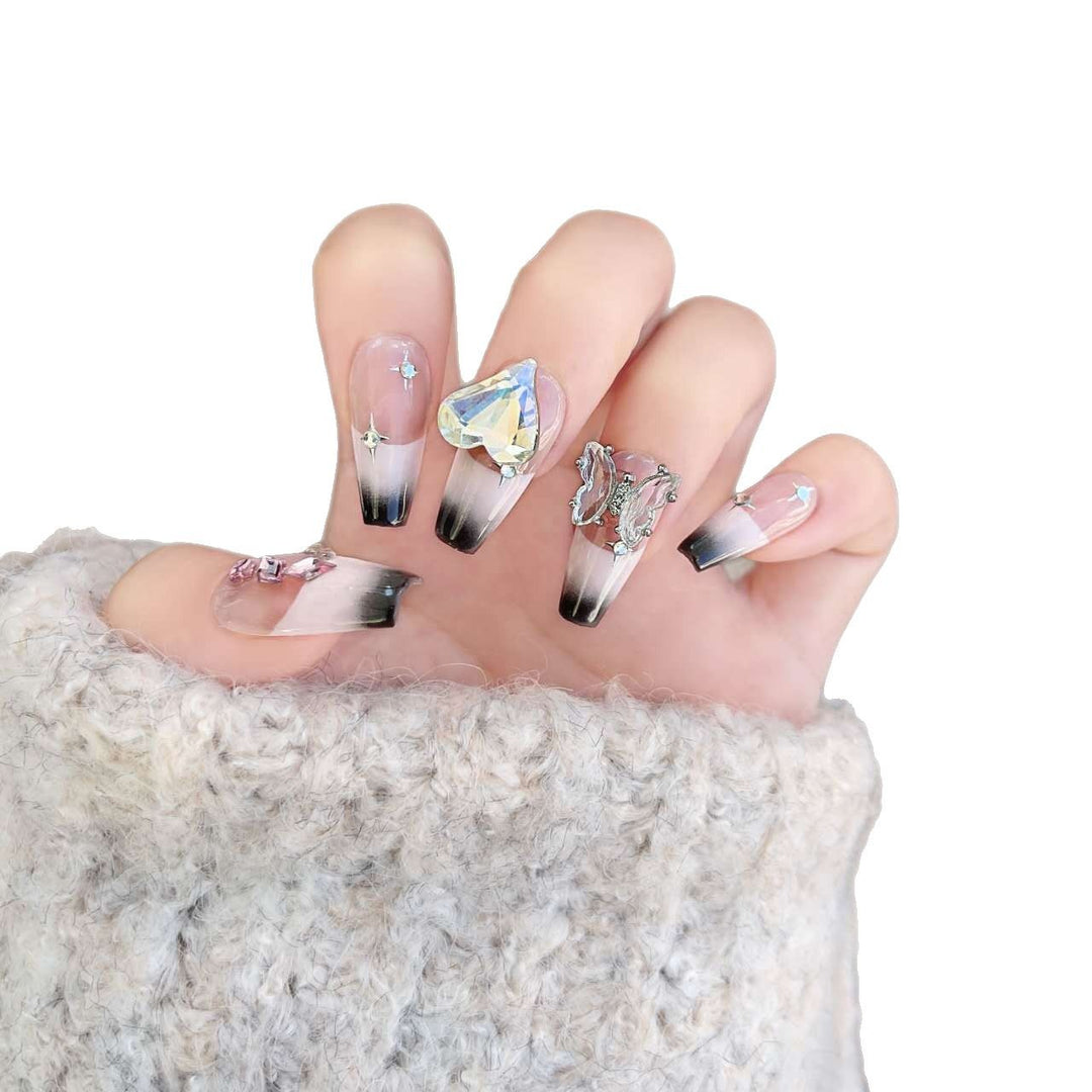 Artistic Press-On Nail Art Set with Elegant Rhinestone and Floral Accents