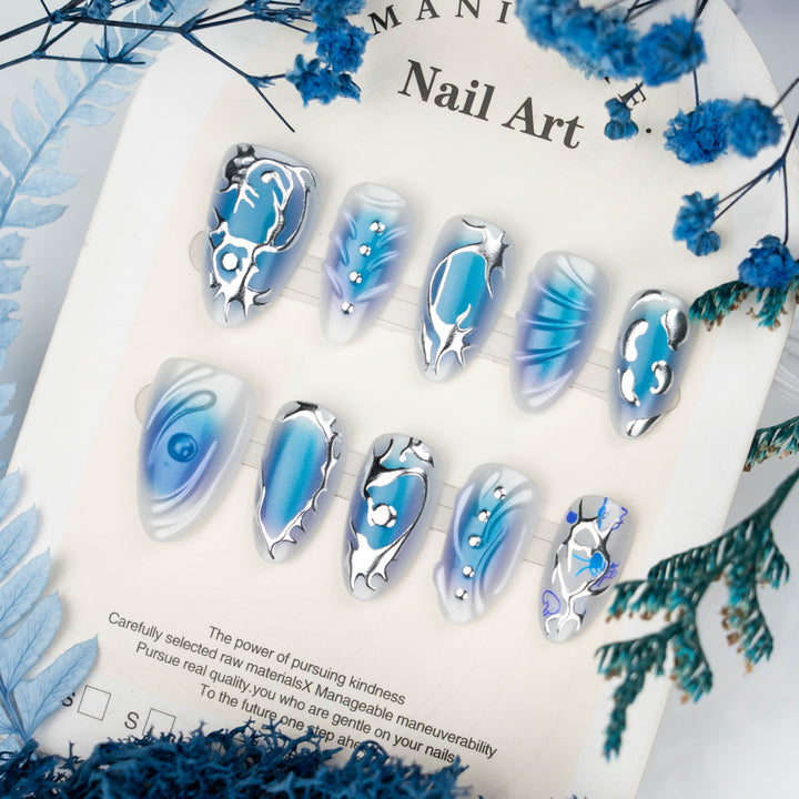 Premium Artistic Press-On Nail Set with Silver and Blue Designs