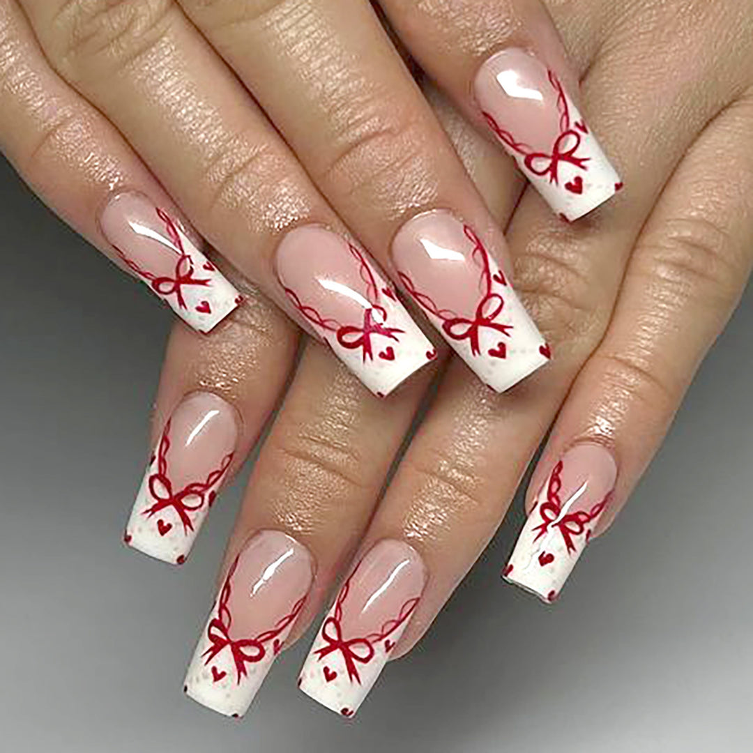 Decorative Long Press-On Nail Set with Bow and Heart Design Kalsten
