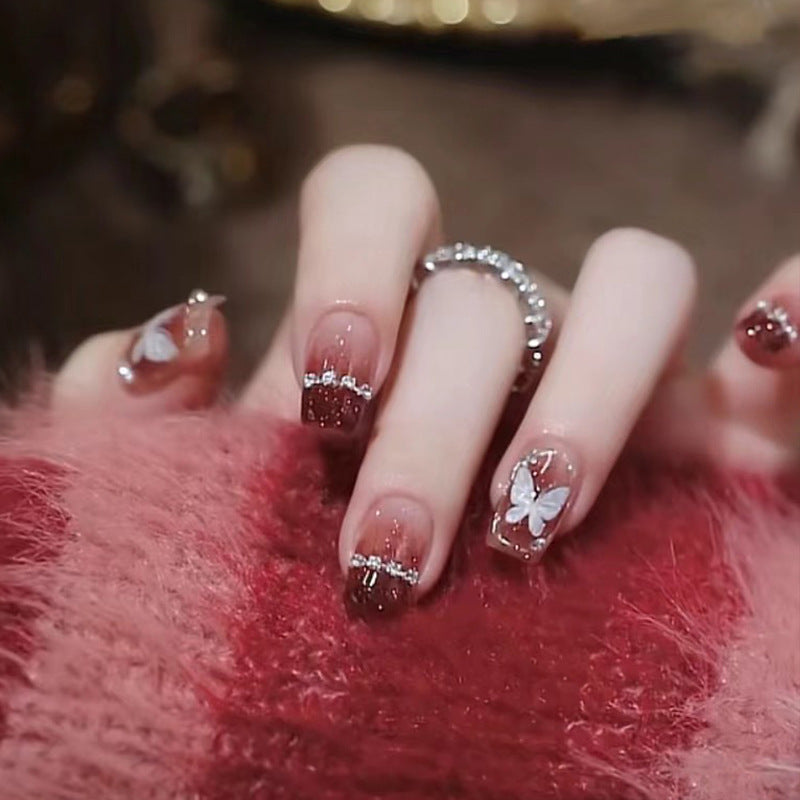 Elegant Ombre Press-On Nail Set with Floral and Rhinestone Accents Kalsten
