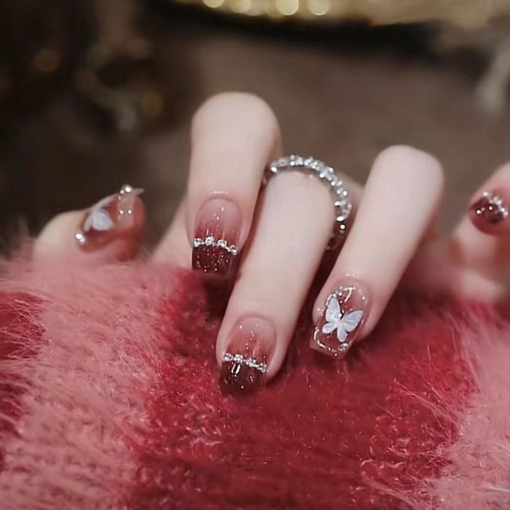 Elegant Ombre Press-On Nail Set with Floral and Rhinestone Accents Kalsten