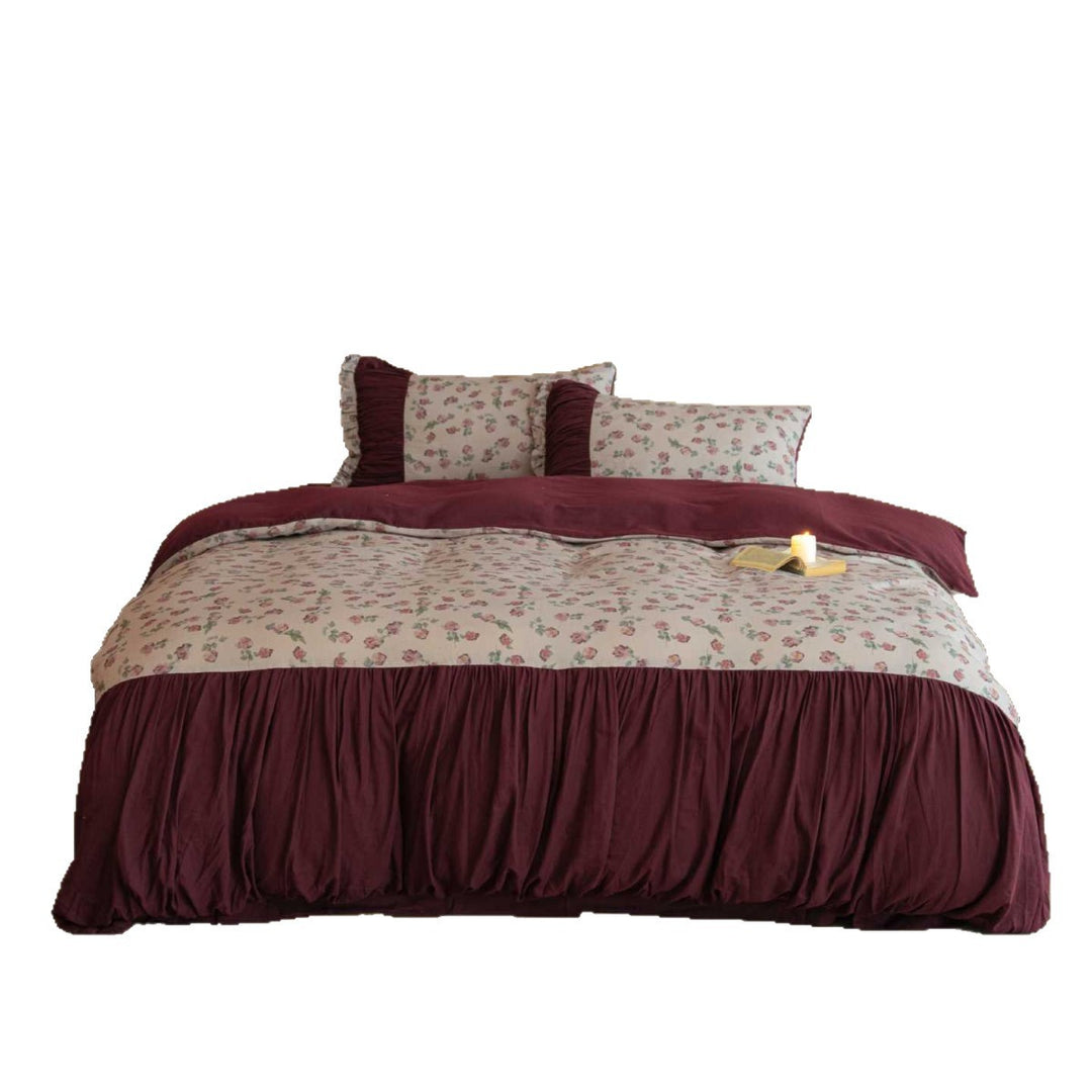 Romantic cotton satin bedding set with ruffled bed skirt and floral print
