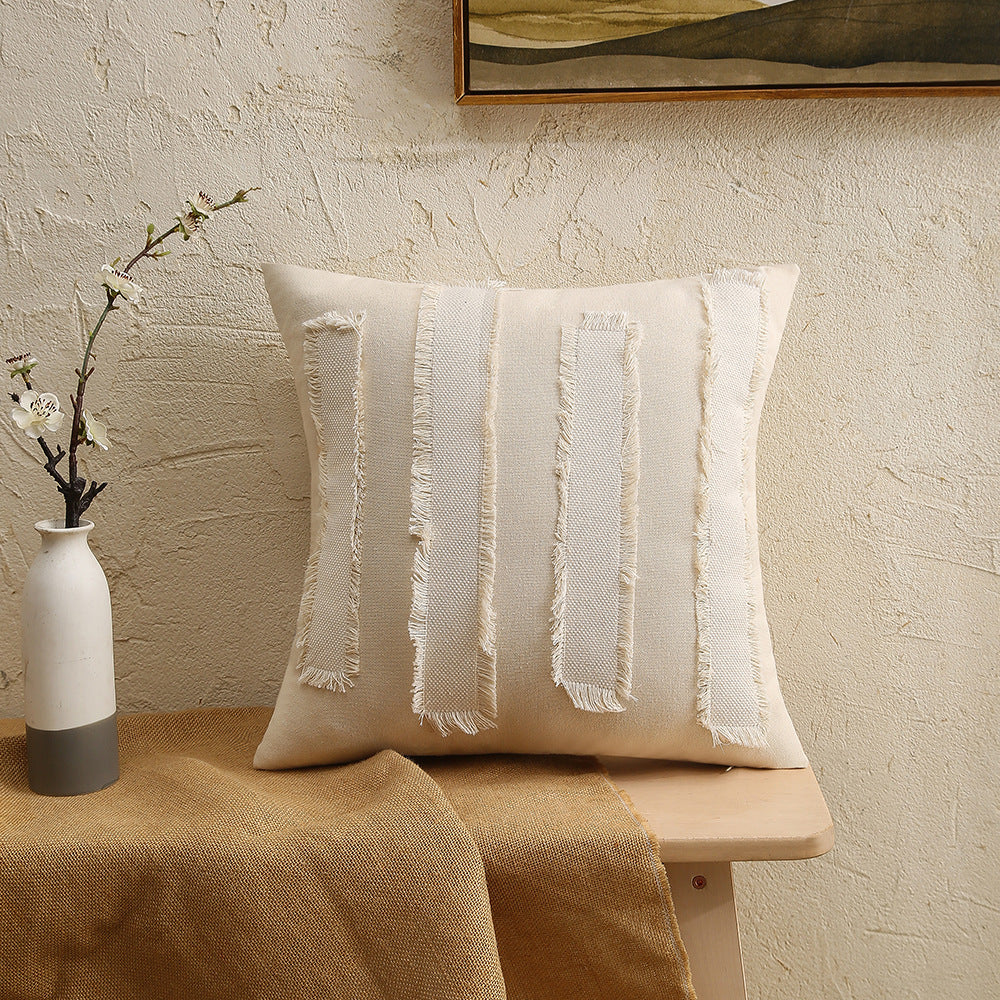 Fringed Patchwork Linen-Blend Square Decorative Throw Pillow Cover