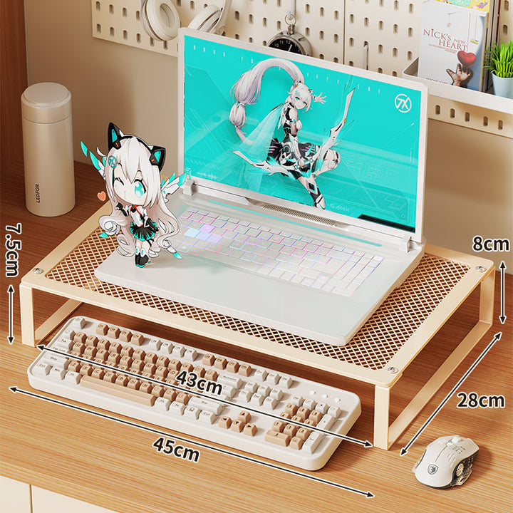Mesh Metal Elevated Laptop and Monitor Stand with Ventilated Surface and Under-Keyboard Storage