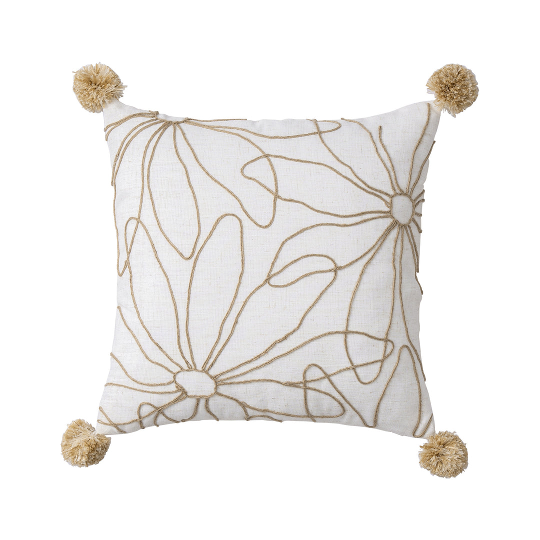 Decorative linen cushion with hand-stitched jute application