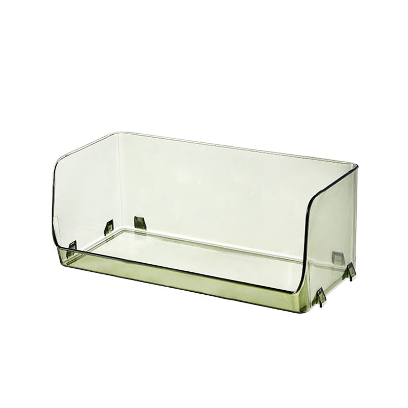 Transparent storage box with front opening, ribbed structure and integrated grip openings