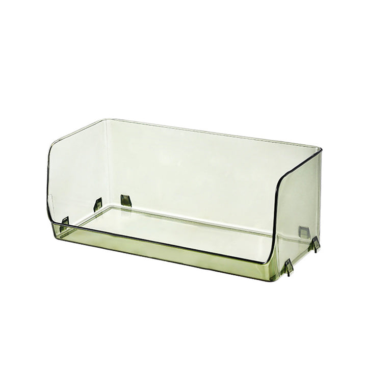 Transparent storage box with front opening, ribbed structure and integrated grip openings