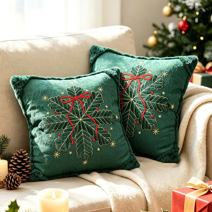 Luxury Embroidered Velvet Holiday Throw Pillow with Faux-Fur Fringe