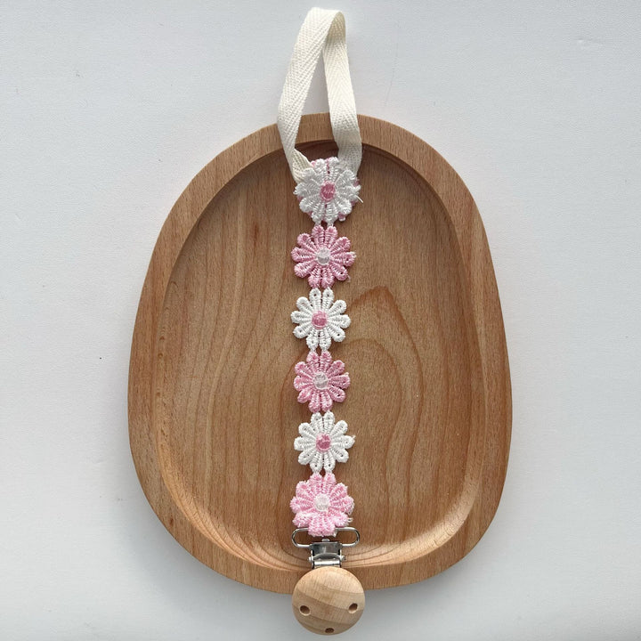 Crochet Floral Pacifier Clip with Wooden Bead Clip