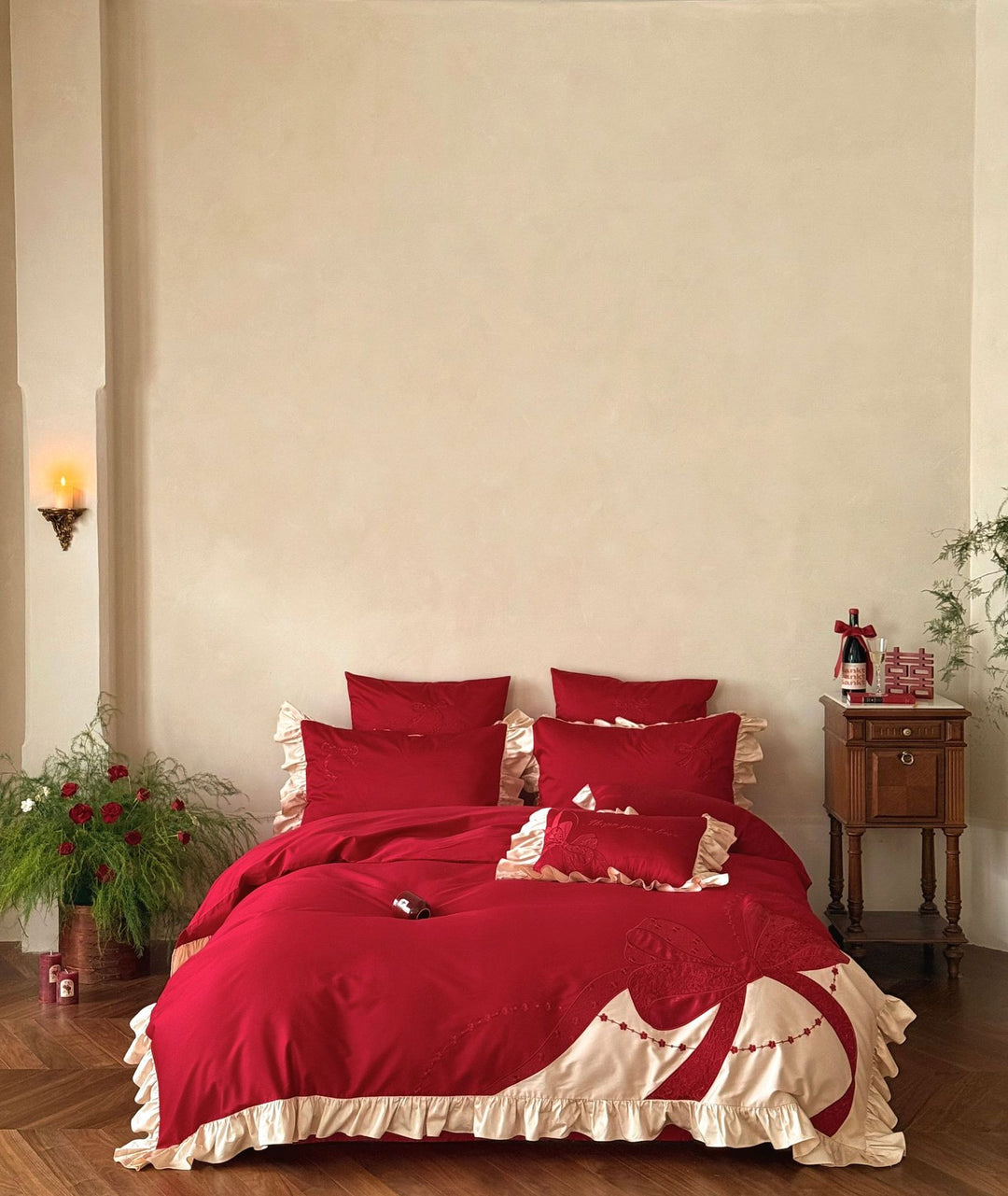 Premium Satin Bed Set with Ruffle Frill and Appliquéd Bow Embroidery Kalsten