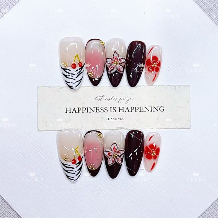 Artistic Press-On Nail Art Set with Cherry Blossom and Floral Designs Kalsten