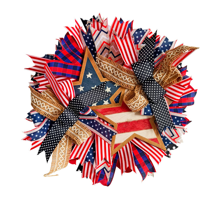 Unisex nan more patriotic door wreath with wooden star, multi-layered fabric bows and rustic jute ribbon Kalsten
