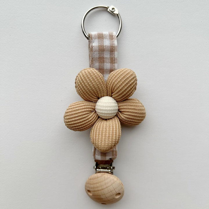 Handmade Wooden-Clip Pacifier Holder with Gingham Strap and Padded Flower Teether