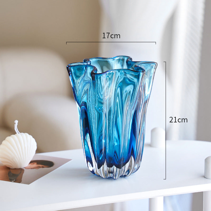 Handblown Ribbed Petal-Rim Decorative Glass Centerpiece Vase Kalsten