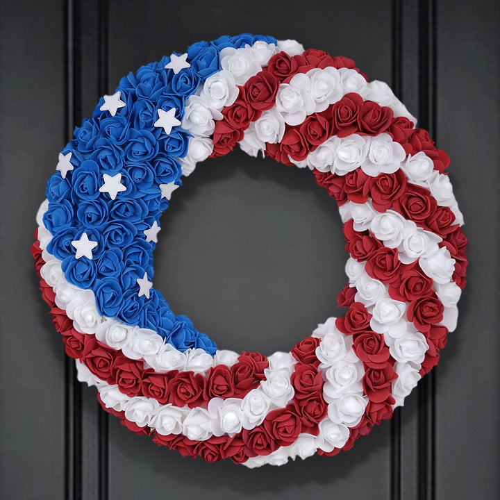 Unisex decorative country house door wreath with overlapping wooden stars and multiple ribbon bows Kalsten
