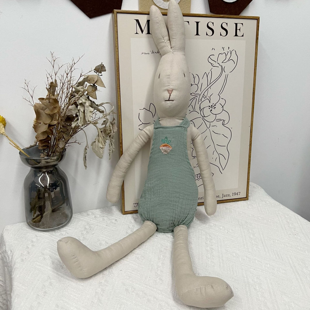 Handmade Linen Long-Leg Bunny Soft Toy with Embroidered Overalls