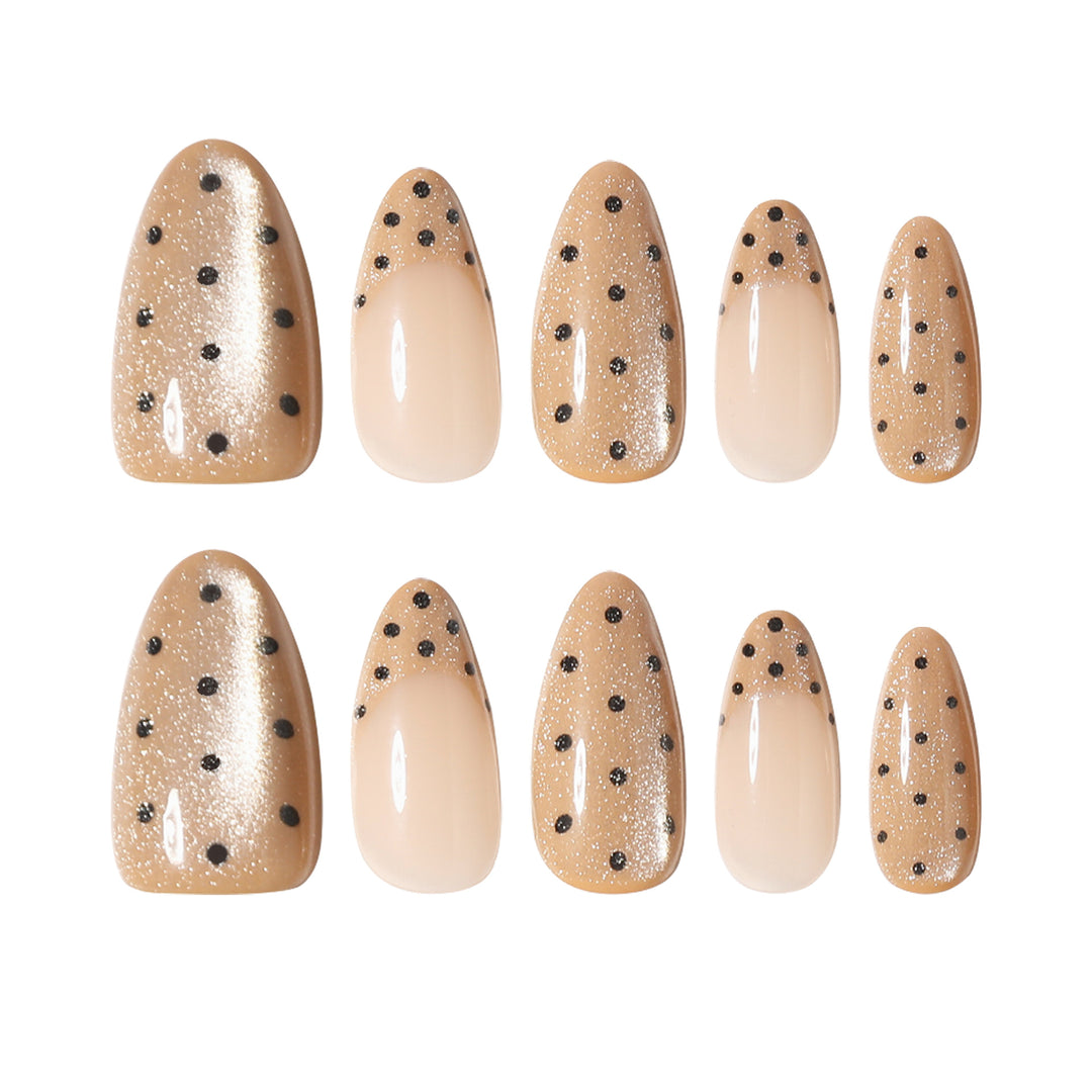 Elegant stiletto nails with glitter and dot design Kalsten