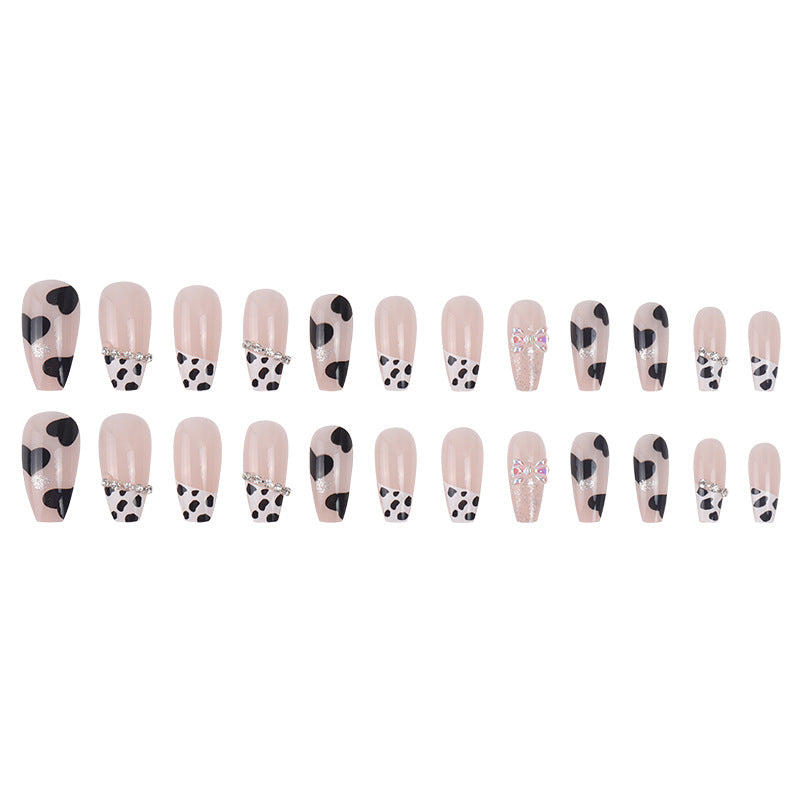 Cow Print Press-On Nails with Bow and Glitter Accent Kalsten