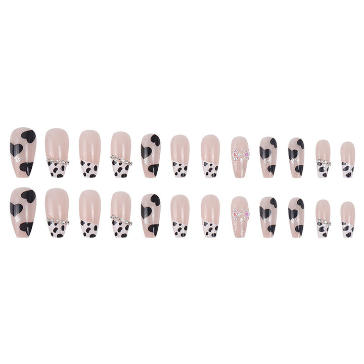 Cow Print Press-On Nails with Bow and Glitter Accent Kalsten