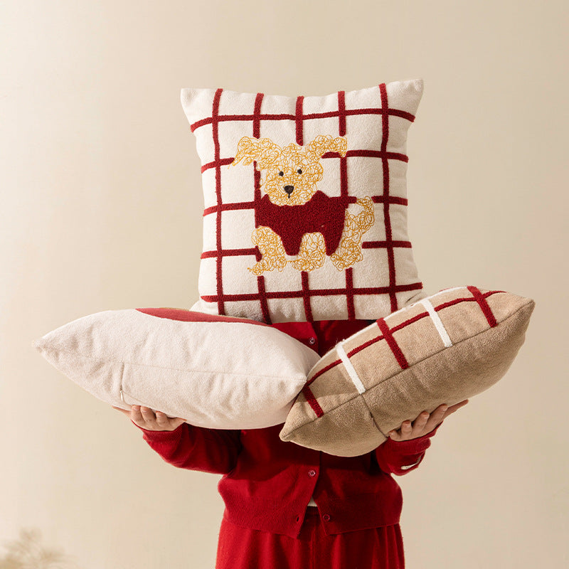 Square decorative cushion with stitched dog appliqué and soft cotton blend